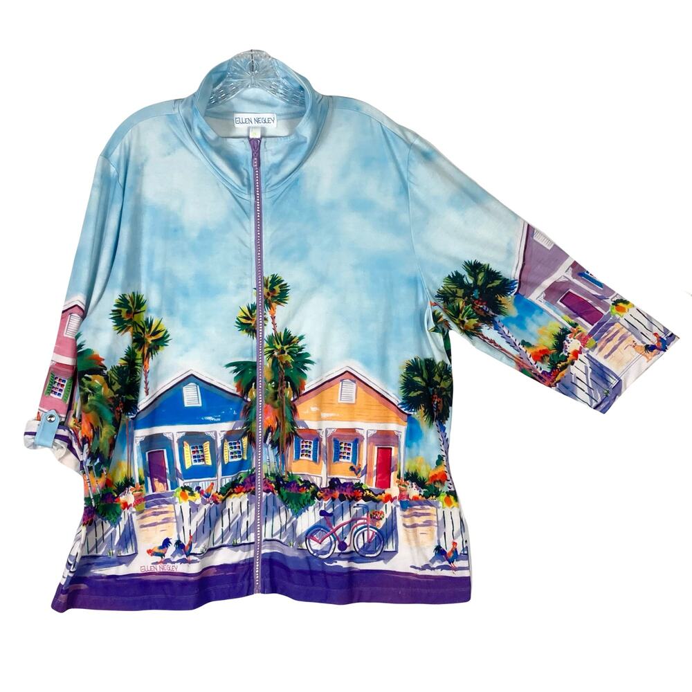 NWOT ELLEN NEGLEY Jacket XXL Blue Artsy Graphic Rhinestone-Zip Roll-Tab-Sleeve